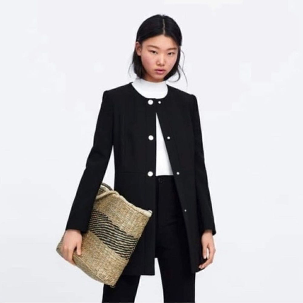 Zara black frock coat collarless blazer with gold buttons sz small
